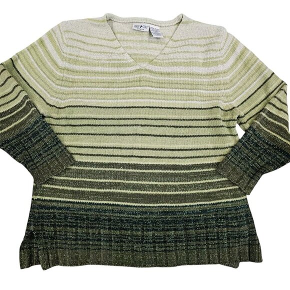 90s Womens Size 18 Green Striped Sparkle Chenille Sweater Ombre Christmas V-neck - Picture 1 of 8